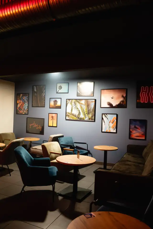 Vue large du salon : mur de cadres, fauteuils et plafond à lattes